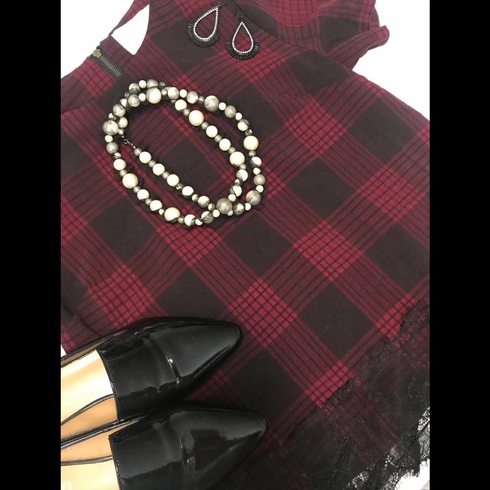 Plaid Blouse with Black Lace Trim
